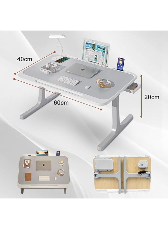 طاولة لاب توب للسرير مع إضاءة LED وشاحن لاسلكي، مكتب لابتوب قابل للطي مع حامل كتب ومنفذ USB، طاولة دراسة محمولة مع درج تخزين للعمل والقراءة - Image 3